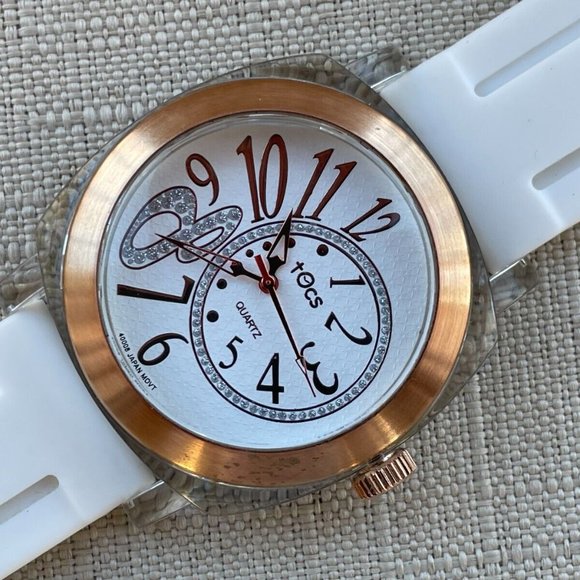 TOCS Wristwatch Gold Tone Case Quartz Analog Unisex Watch White Rubber Band - Picture 2 of 11